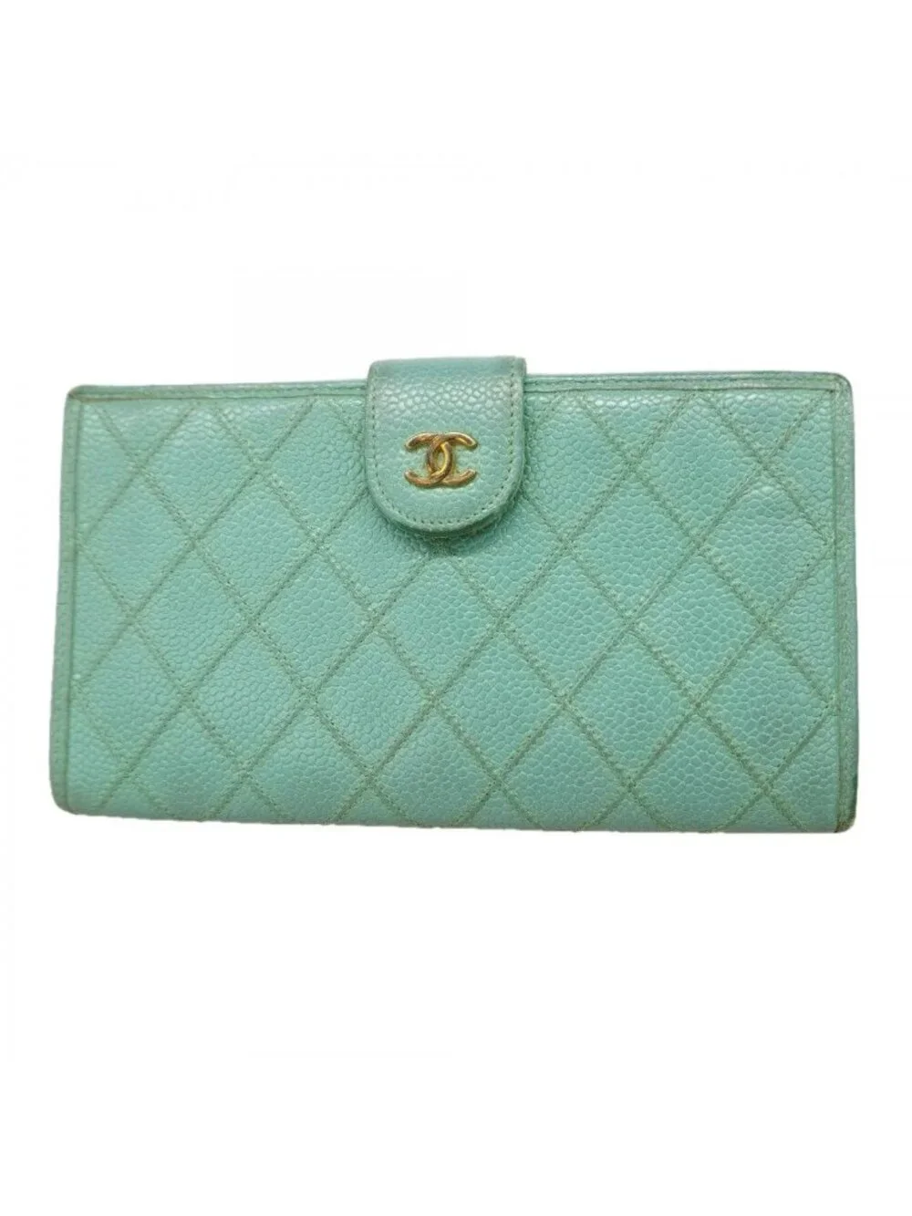 Chanel Wallet Quilted Caviar Leather Mint Green Gold